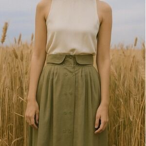 Vintage SO•EN Sage Green Button Front Midi Skirt High Waist Pleated A-Line